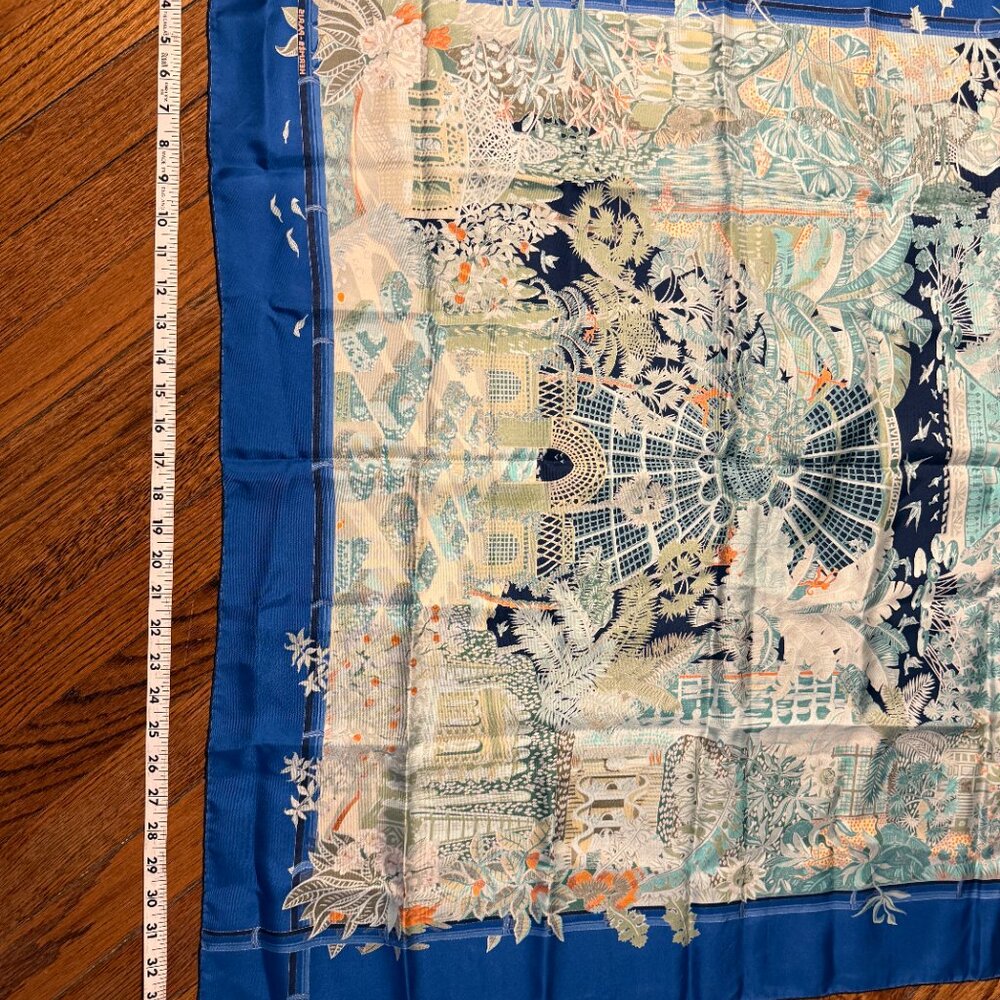 hermes annie faivre jardin l'hiver 90 silk scarf blue - Picture 6 of 6